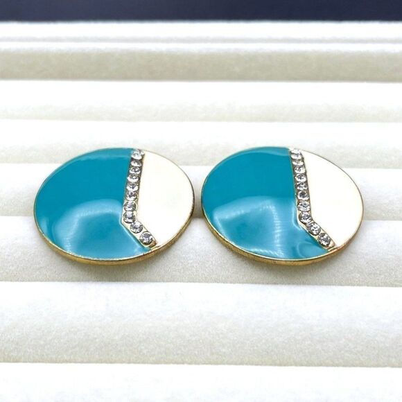 Yellow Gold with Teal and White Enamel and White Diamond Crystal Post Earrings - Picture 4 of 8